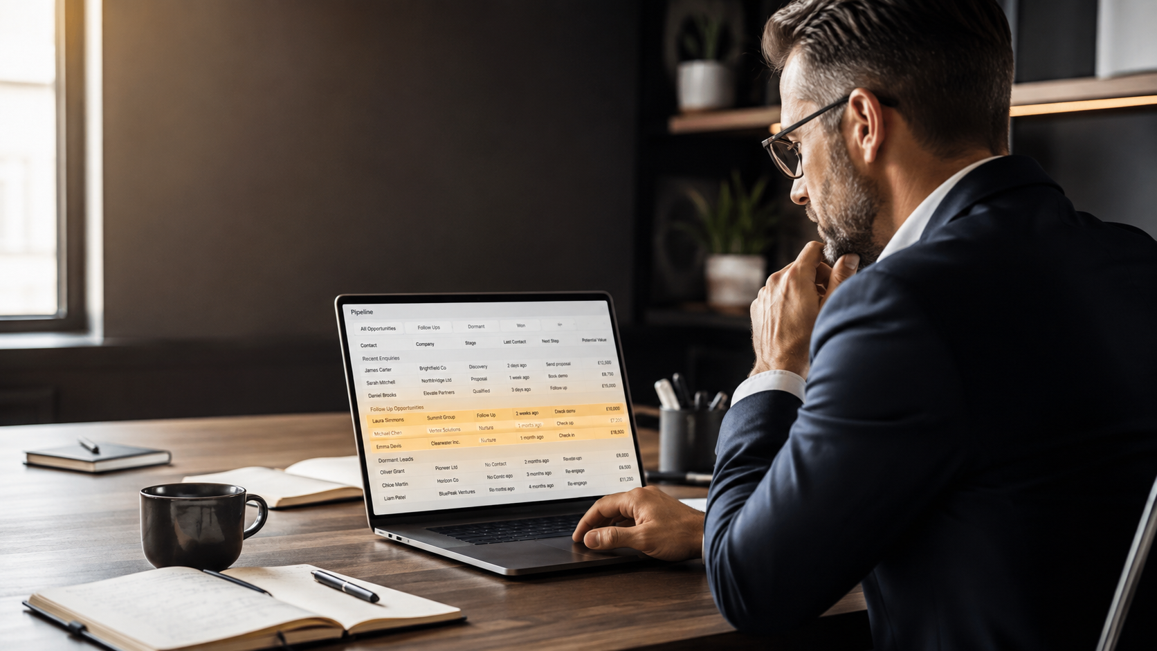 Business owner reviewing follow-up opportunities in a CRM system, highlighting untapped sales potential from existing leads.