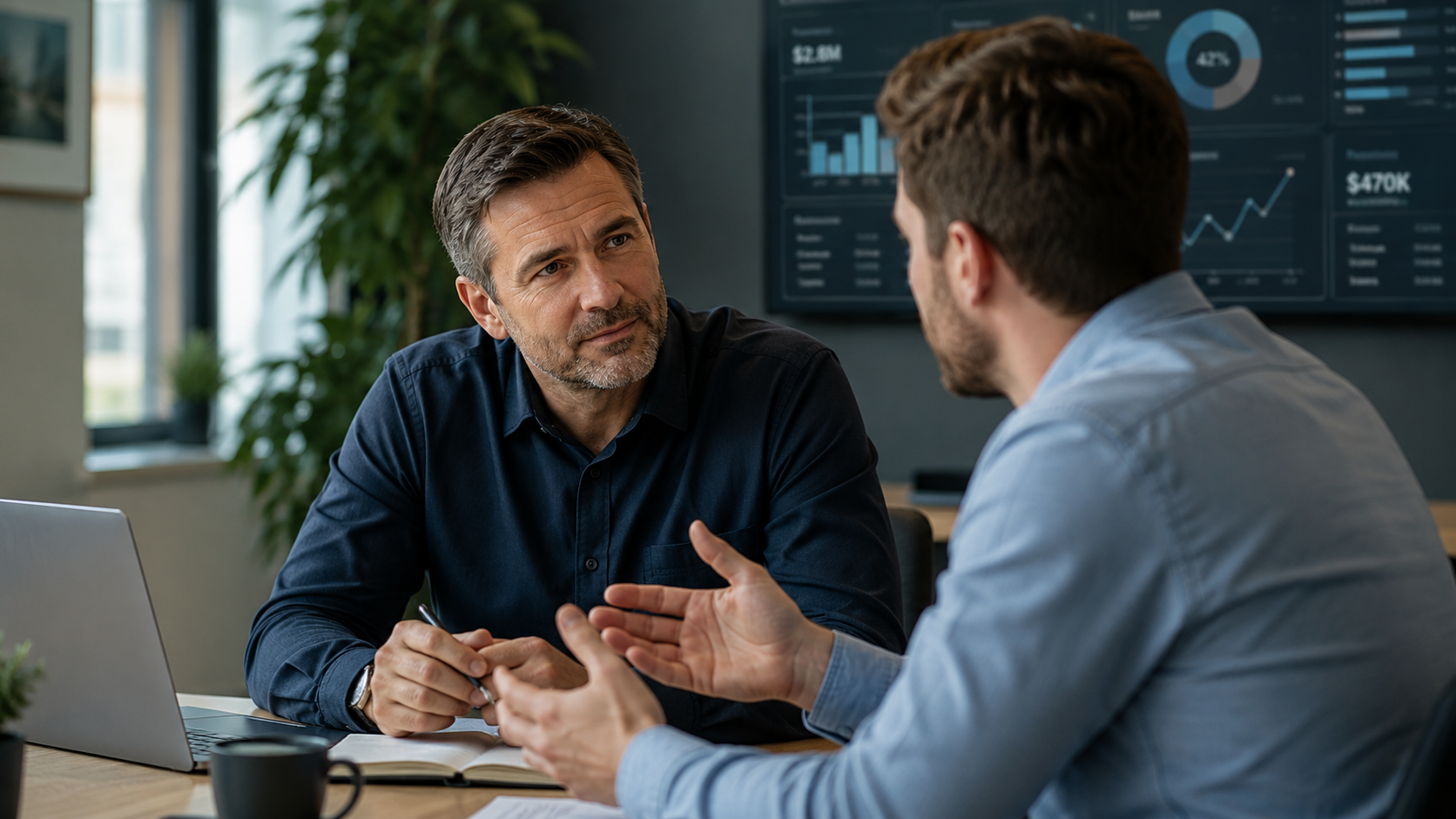Sales manager listening attentively during a one-to-one coaching conversation with a salesperson in a modern office.