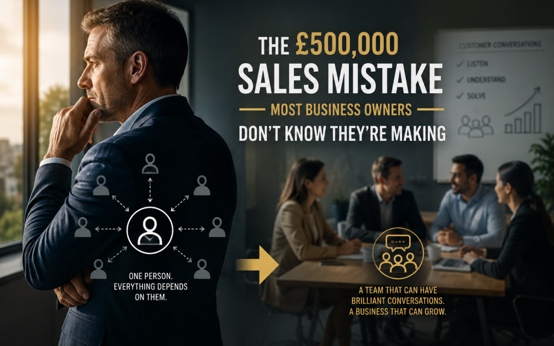 Business owner reflecting beside a team meeting, illustrating how relying on one person creates a costly sales bottleneck.
