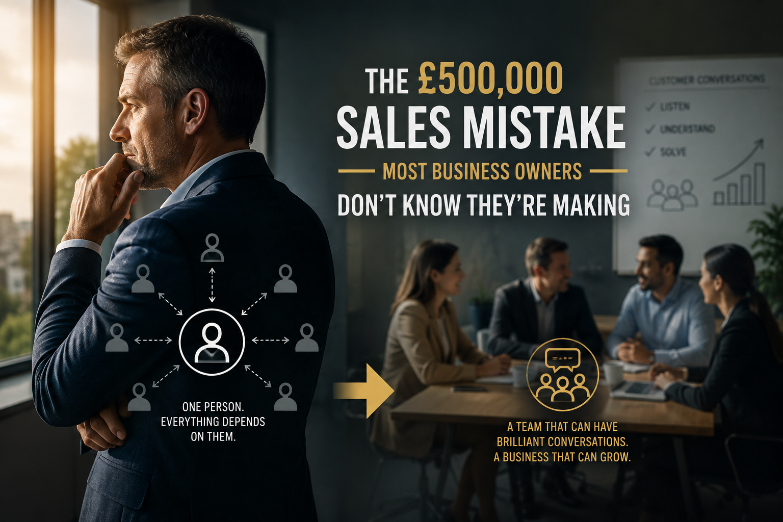 Business owner reflecting beside a team meeting, illustrating how relying on one person creates a costly sales bottleneck.